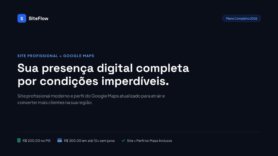 Capa da apresentação comercial SiteFlow: Sua presença digital completa por condições imperdíveis.