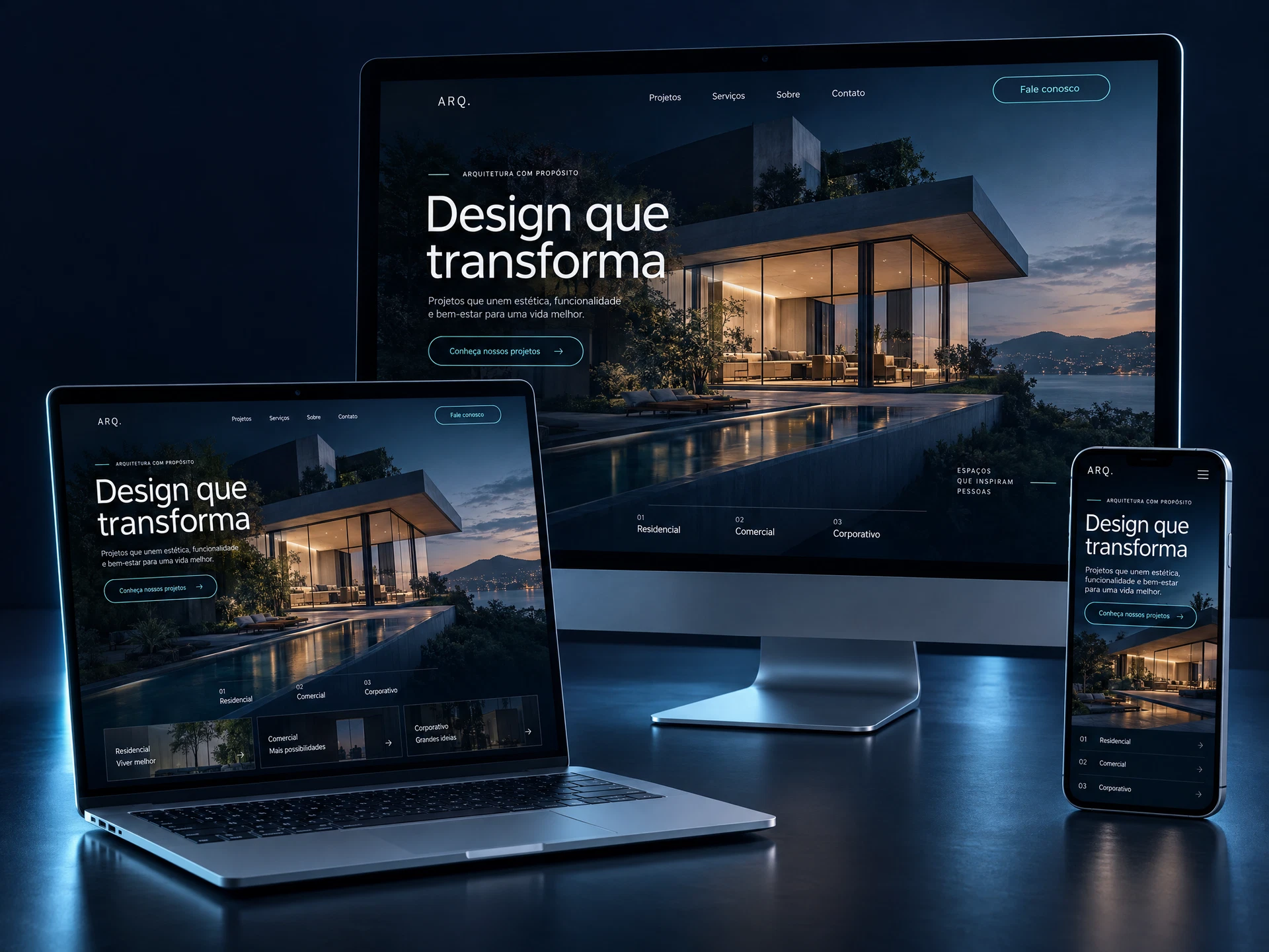 Apresentação ilustrativa de sites profissionais em computador, notebook e celular